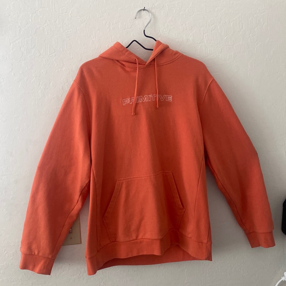 Primitive Hoodie, Large, orange with white striping down sleeves